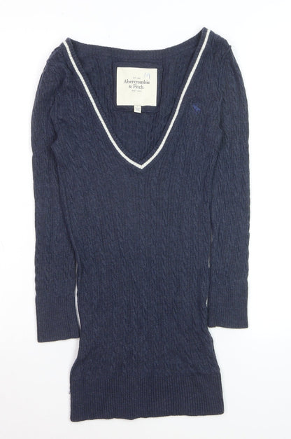 Abercrombie & Fitch Women's Navy Cable-Knit V-Neck Jumper Size M