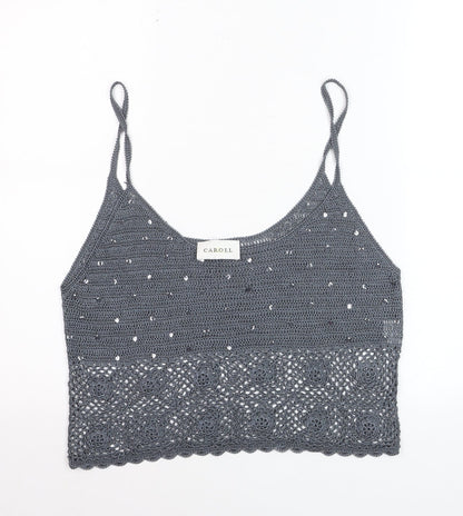 Caroll Women’s Grey Crochet Sequin Cropped Tank Top Size 16