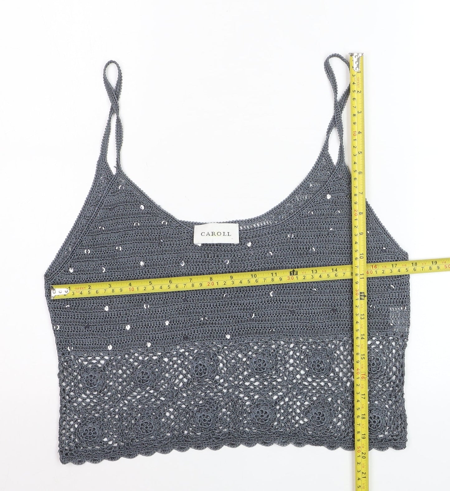 Caroll Women’s Grey Crochet Sequin Cropped Tank Top Size 16