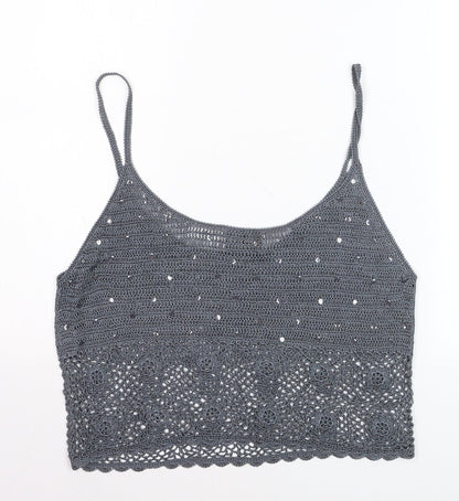 Caroll Women’s Grey Crochet Sequin Cropped Tank Top Size 16