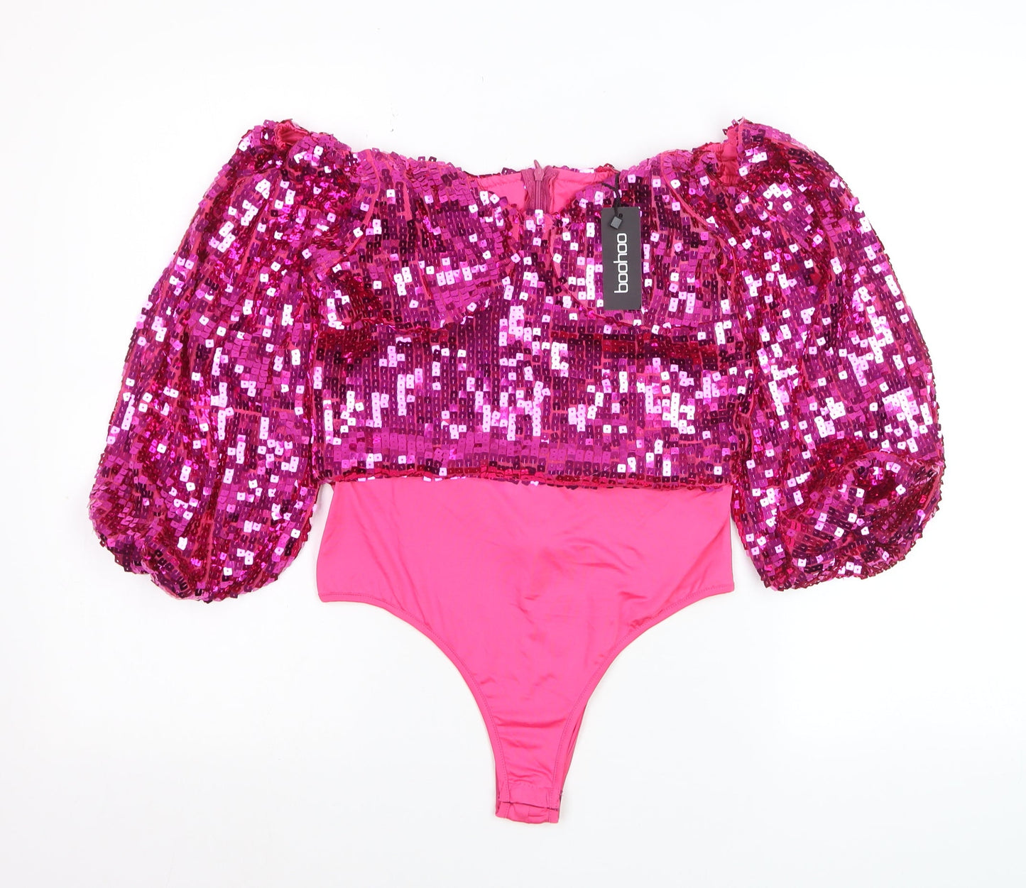 Boohoo Women Pink Sequin Puff Sleeve Off Shoulder Cropped Blouse Size 12