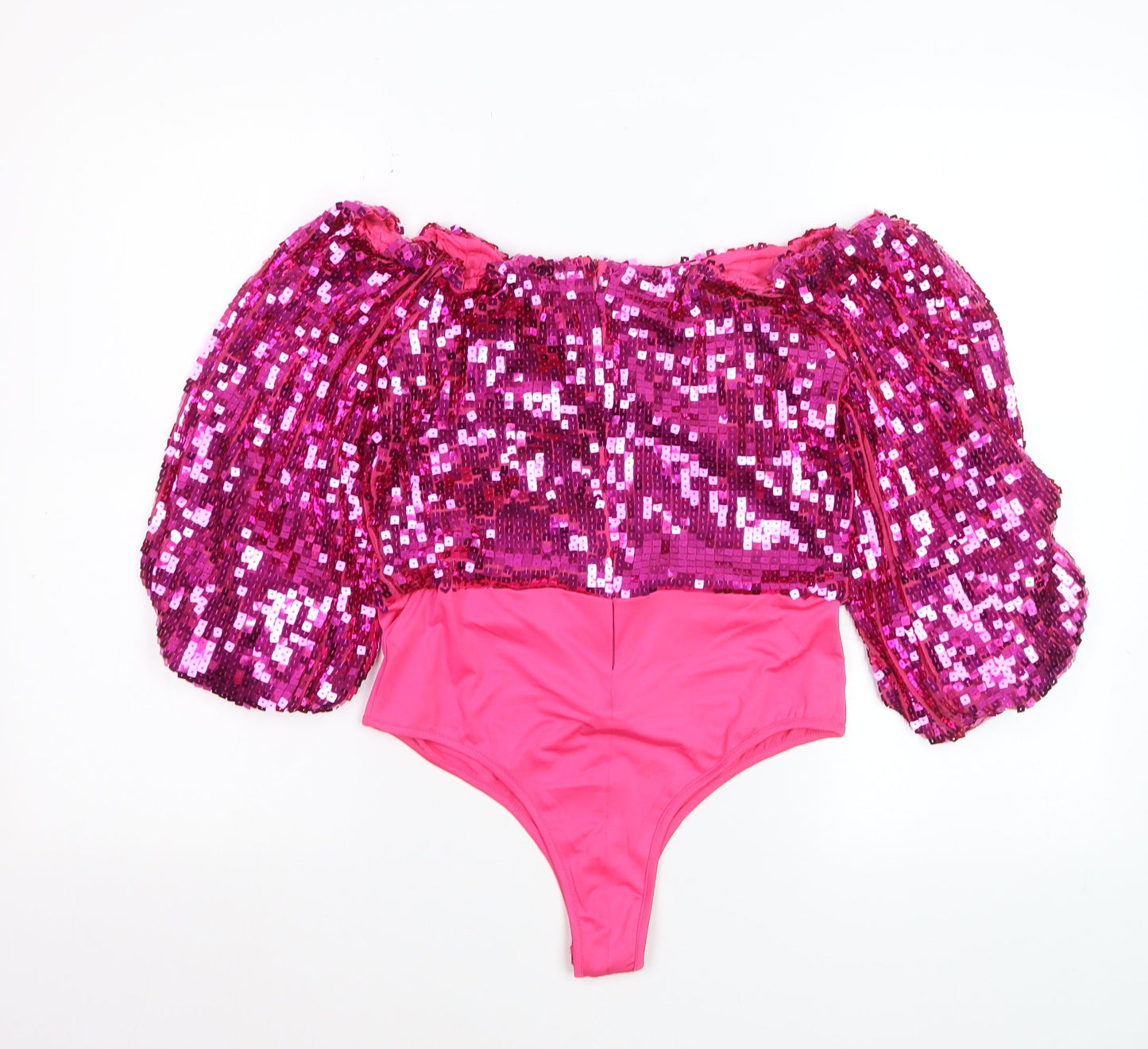 Boohoo Women Pink Sequin Puff Sleeve Off Shoulder Cropped Blouse Size 12