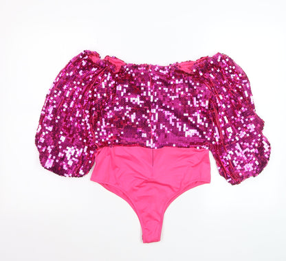 Boohoo Women Pink Sequin Puff Sleeve Off Shoulder Cropped Blouse Size 12