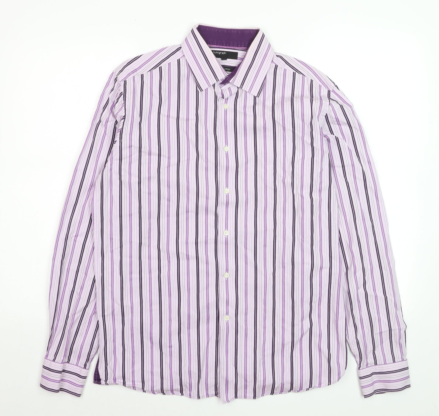Marks and Spencer Autograph Men's Purple Striped Cotton Long Sleeve Shirt 15.5 Regular Fit