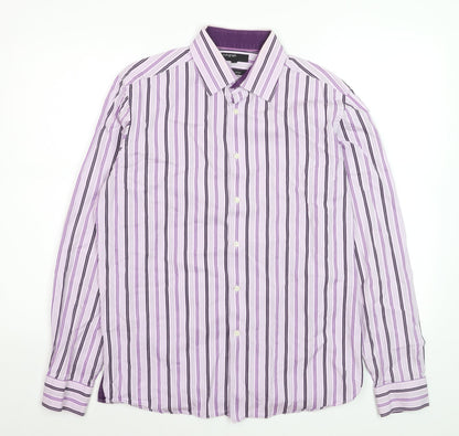 Marks and Spencer Autograph Men's Purple Striped Cotton Long Sleeve Shirt 15.5 Regular Fit