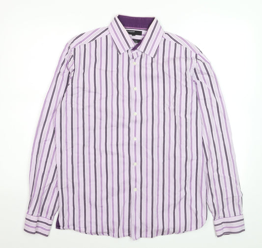 Marks and Spencer Autograph Men's Purple Striped Cotton Long Sleeve Shirt 15.5 Regular Fit