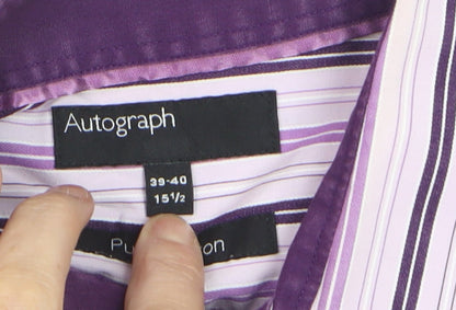 Marks and Spencer Autograph Men's Purple Striped Cotton Long Sleeve Shirt 15.5 Regular Fit