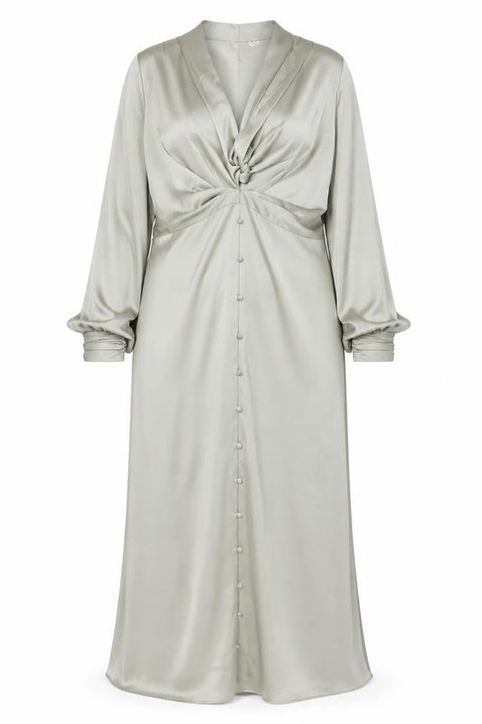 Front view of ASOS DESIGN Women’s Green Satin Midi Wrap Dress, size UK 20, Maternity