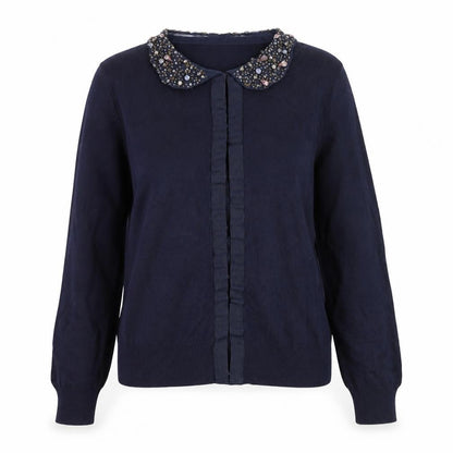 Untold Women's Blue Beaded Collared Long Sleeve Blouse M