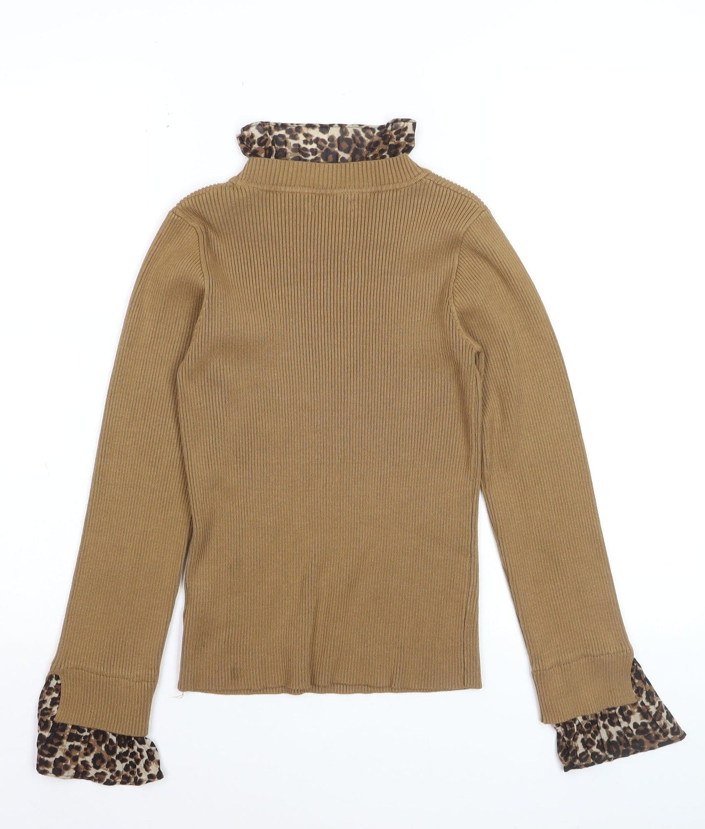 Quiz Womens Beige Leopard Trim Ribbed Pullover Jumper Size M