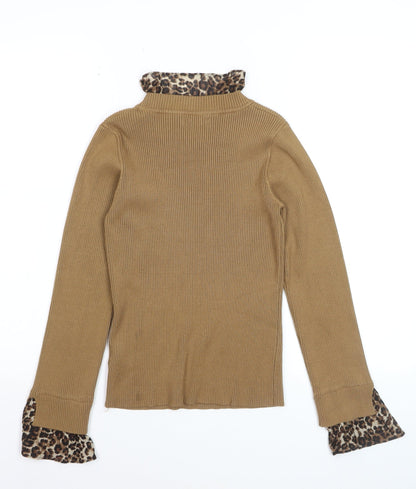 Quiz Womens Beige Leopard Trim Ribbed Pullover Jumper Size M