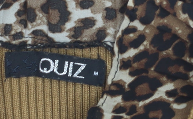 Quiz Womens Beige Leopard Trim Ribbed Pullover Jumper Size M