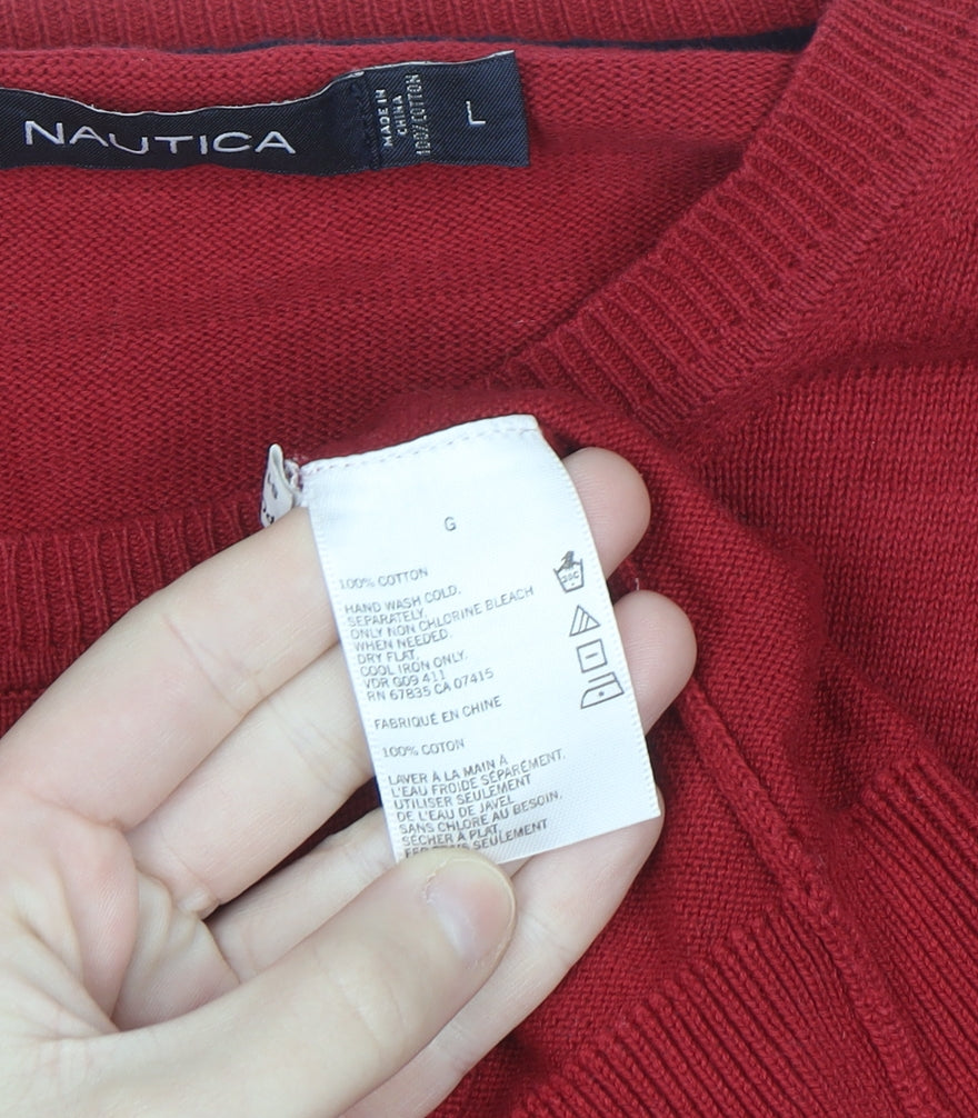 Nautica Men's Red Cotton Crew Neck Pullover Jumper Size L