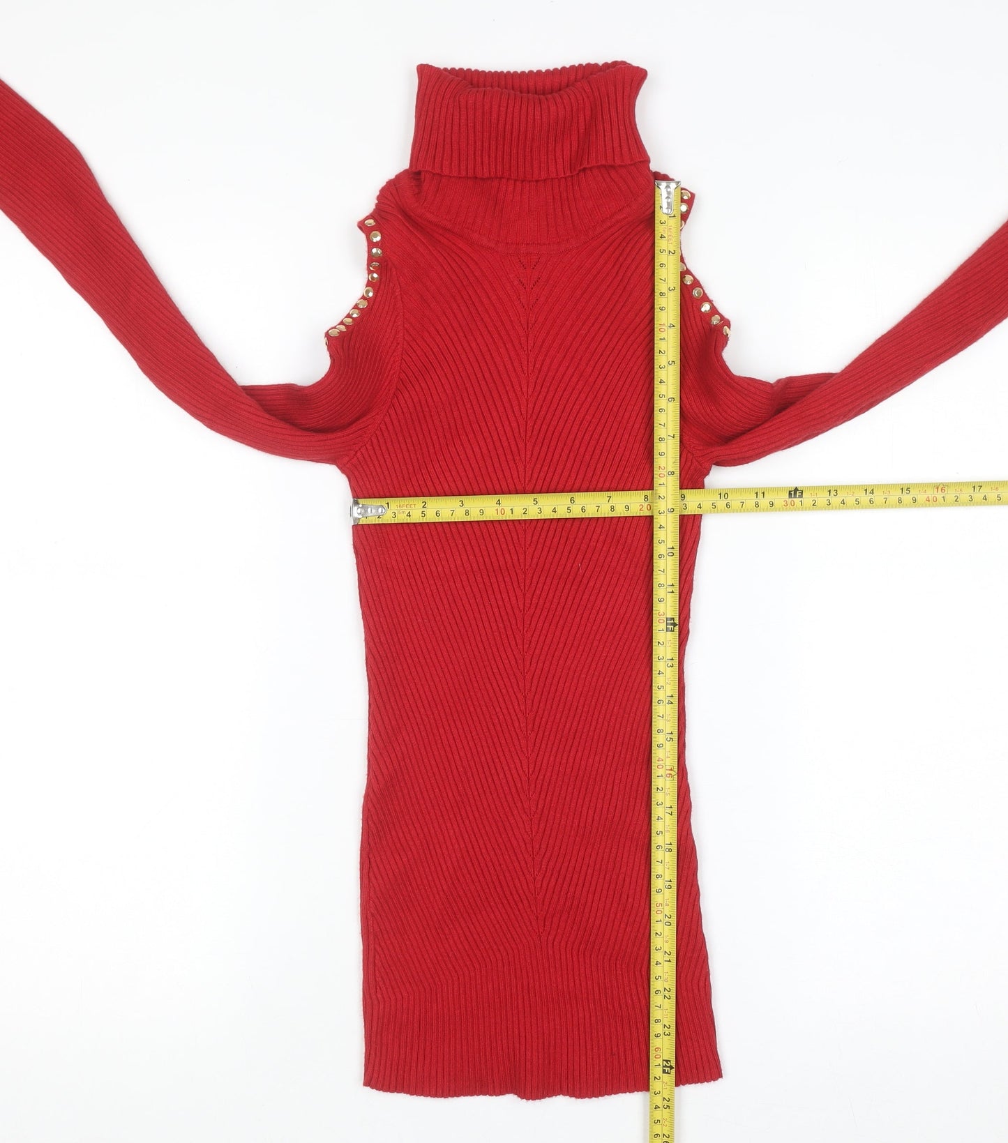 XOXO Womens Red Cold Shoulder Roll Neck Pullover Jumper Size L