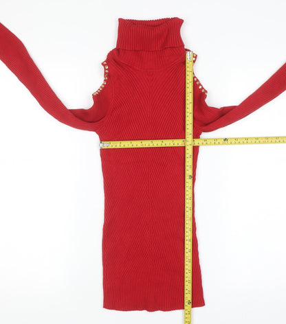 XOXO Womens Red Cold Shoulder Roll Neck Pullover Jumper Size L