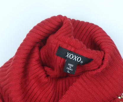 XOXO Womens Red Cold Shoulder Roll Neck Pullover Jumper Size L