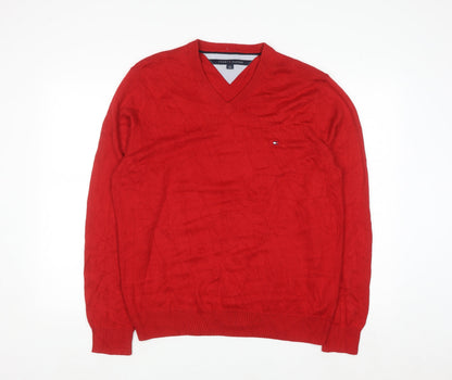 Tommy Hilfiger Men's Red V-Neck Cotton Blend Jumper L