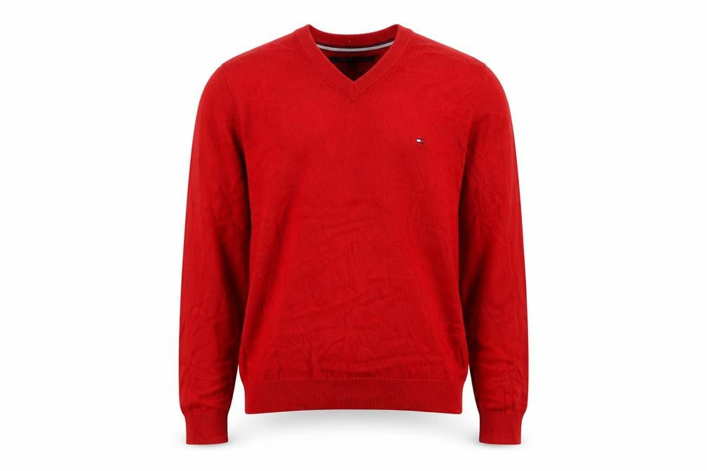 Tommy Hilfiger Men's Red V-Neck Cotton Blend Jumper L