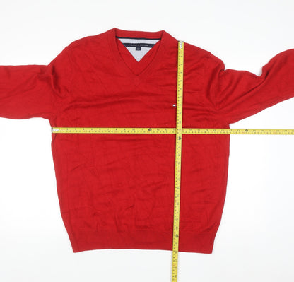 Tommy Hilfiger Men's Red V-Neck Cotton Blend Jumper L