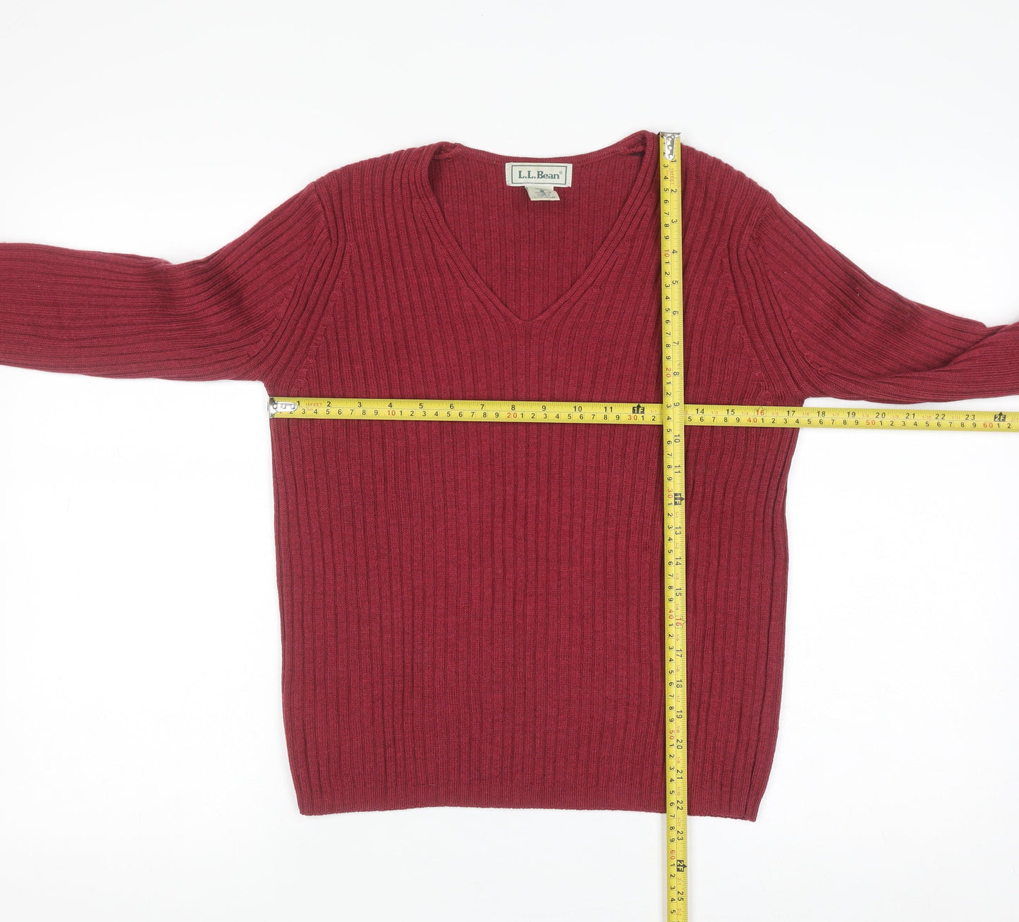 L.L. Bean Women Red Wool V-Neck Ribbed Jumper Size S