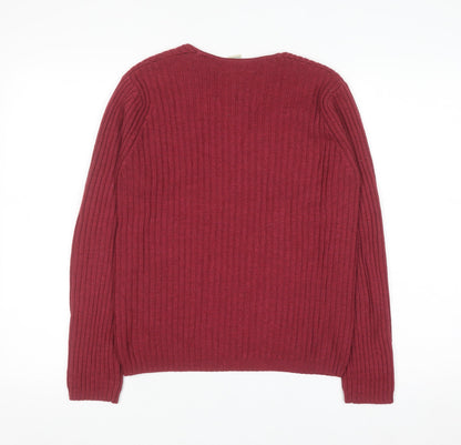 L.L. Bean Women Red Wool V-Neck Ribbed Jumper Size S