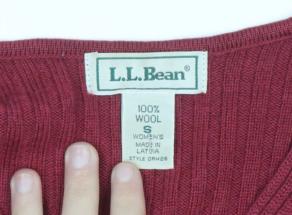 L.L. Bean Women Red Wool V-Neck Ribbed Jumper Size S