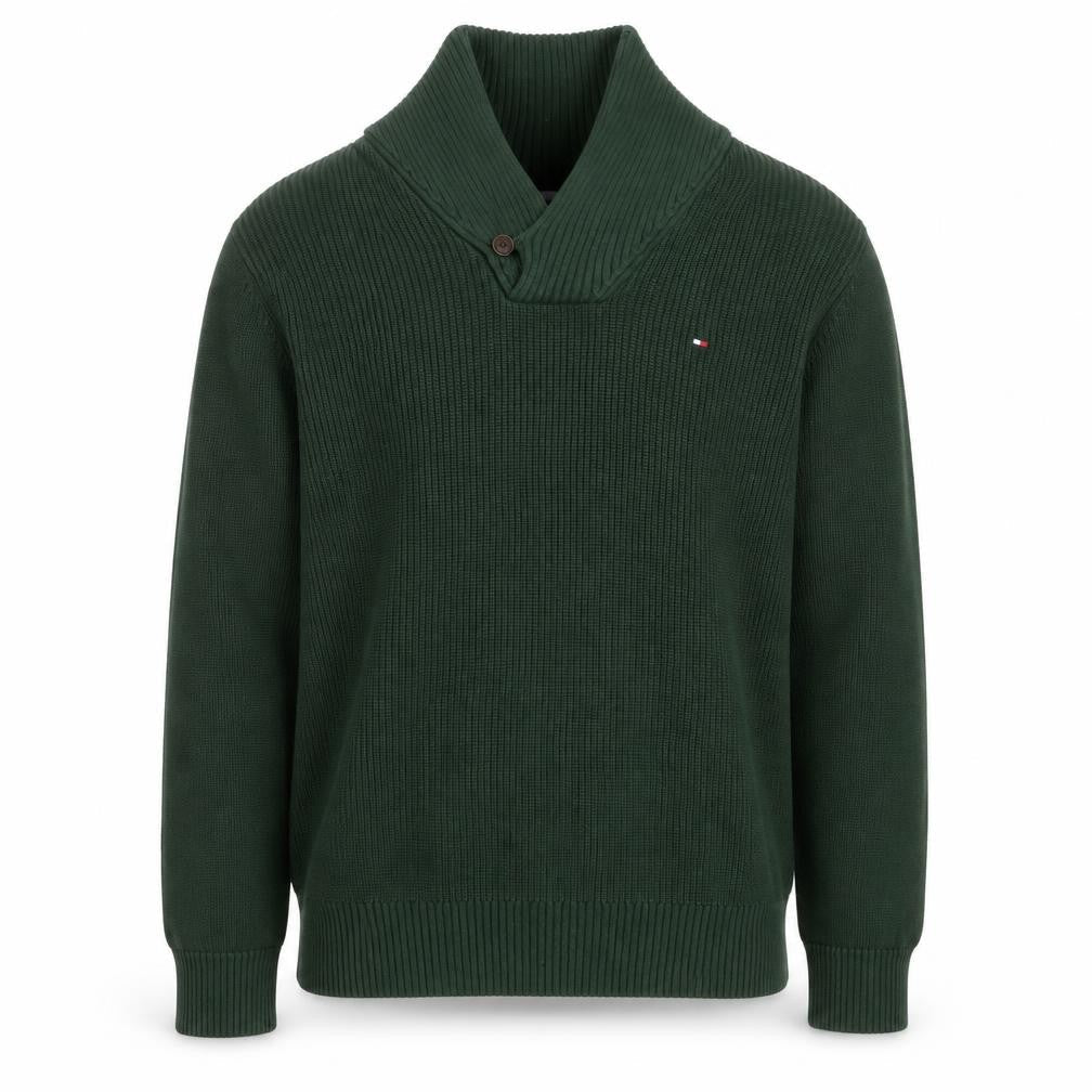 Tommy Hilfiger Men's Green Cotton Collared Pullover Jumper L