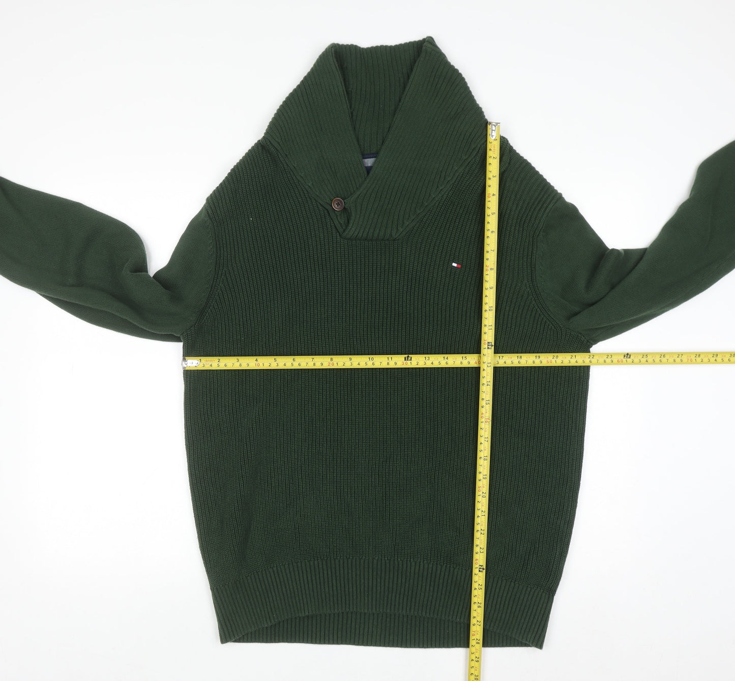 Tommy Hilfiger Men's Green Cotton Collared Pullover Jumper L
