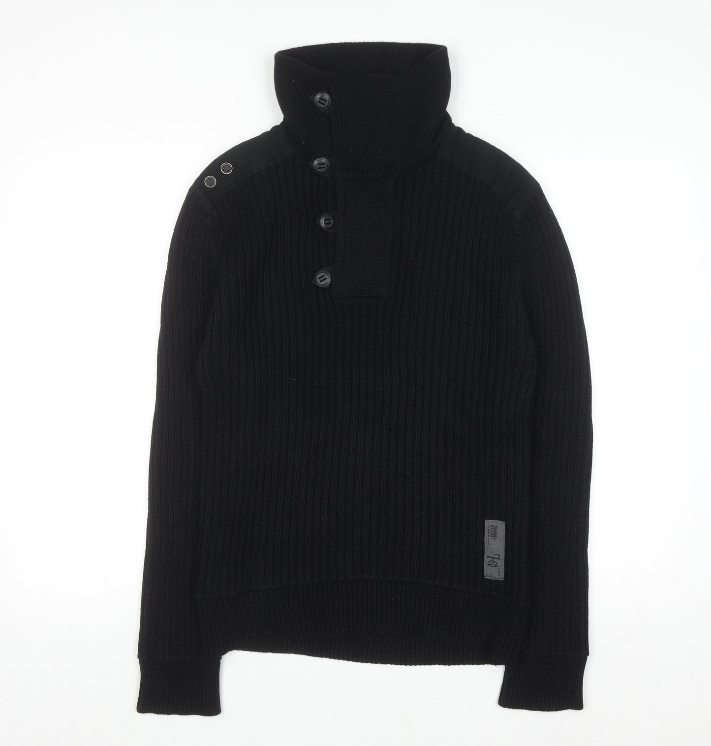 River Island Men’s Black Cotton Ribbed Henley Jumper Medium