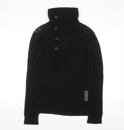 River Island Men’s Black Cotton Ribbed Henley Jumper Medium