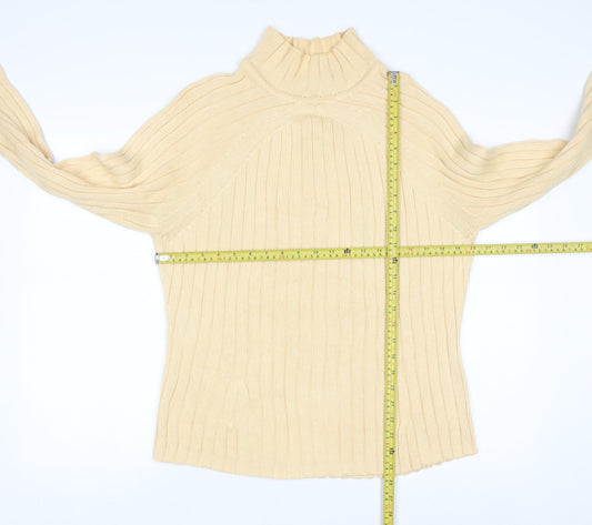 Jeanne Pierre Women Beige Ribbed High Neck Cotton Jumper L