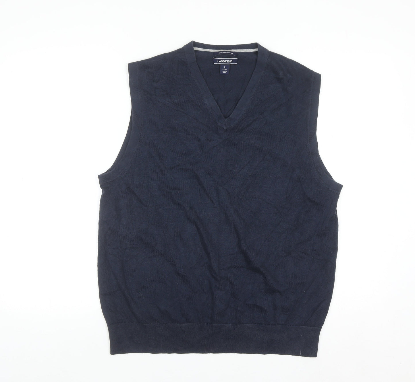 Lands' End Men's Blue Cotton V-Neck Sleeveless Vest L