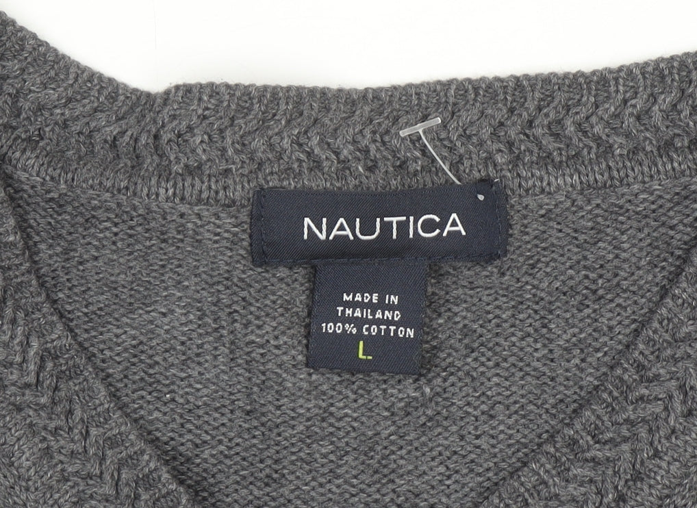Nautica Men Grey Cotton Sleeveless V-Neck Knit Jumper Vest Size L