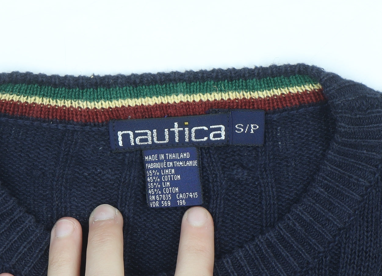 Nautica Men's Blue Cable-Knit Crew Neck Linen Cotton Jumper Size S