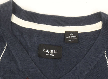 Haggar Men's Blue Argyle Knit Cotton Sleeveless V-Neck Vest M