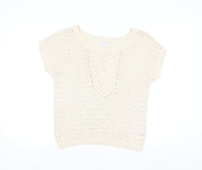 Joseph A Women Beige Open Knit Cotton Blend Short Sleeve Jumper M