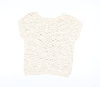 Joseph A Women Beige Open Knit Cotton Blend Short Sleeve Jumper M