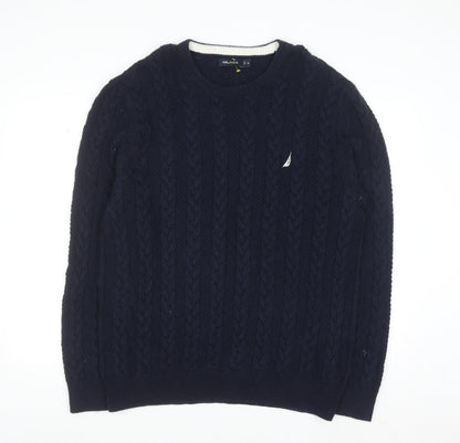 Nautica Men's Blue Cable-Knit Crew Neck Pullover Jumper XL