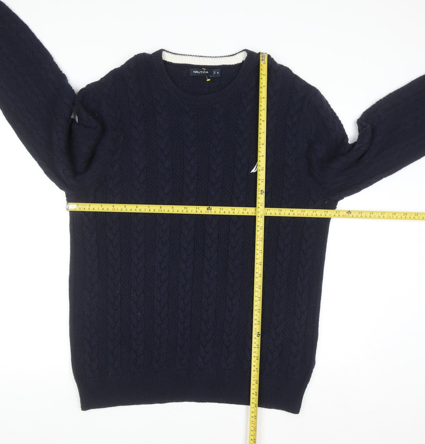 Nautica Men's Blue Cable-Knit Crew Neck Pullover Jumper XL