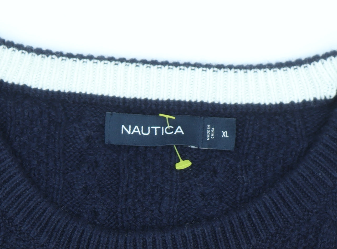 Nautica Men's Blue Cable-Knit Crew Neck Pullover Jumper XL