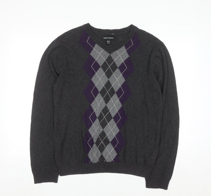 Midtown Men's Grey Argyle V-Neck Cotton Jumper Size M Classic Knit
