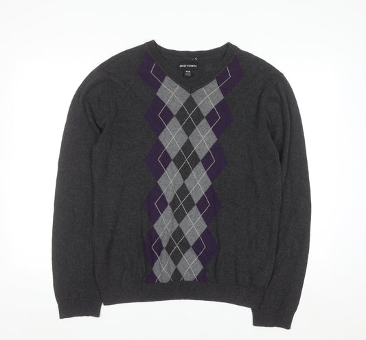 Midtown Men's Grey Argyle V-Neck Cotton Jumper Size M Classic Knit