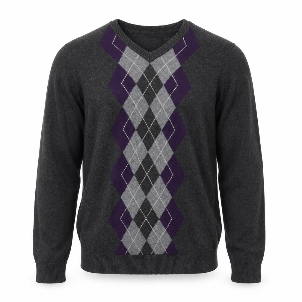 Midtown Men's Grey Argyle V-Neck Cotton Jumper Size M Classic Knit