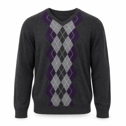 Midtown Men's Grey Argyle V-Neck Cotton Jumper Size M Classic Knit