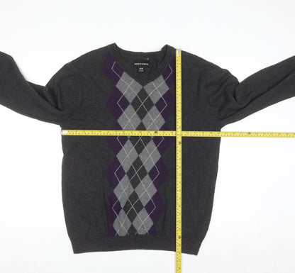 Midtown Men's Grey Argyle V-Neck Cotton Jumper Size M Classic Knit