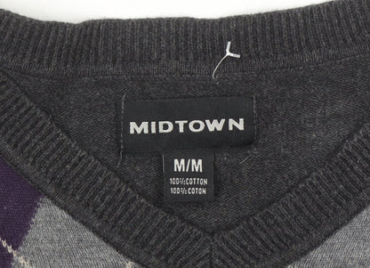 Midtown Men's Grey Argyle V-Neck Cotton Jumper Size M Classic Knit