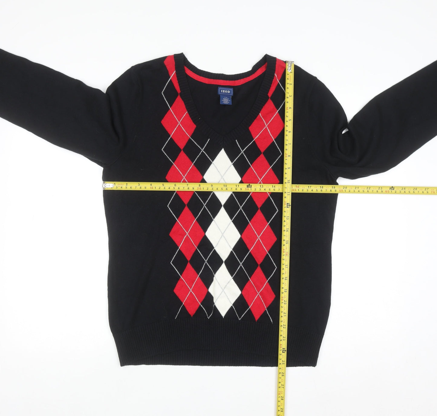 IZOD Men's Black Argyle V-Neck Cotton Jumper Size L