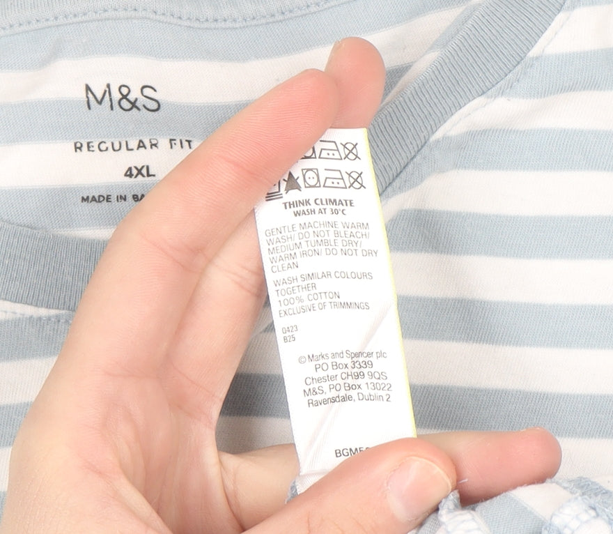 Marks and Spencer Men's Blue Striped 4XL Regular Fit Cotton T-Shirt