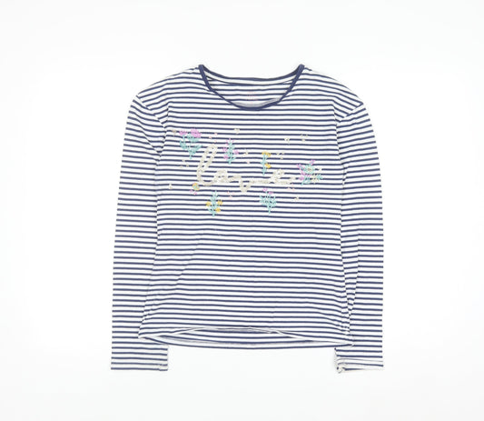John Lewis Girls Navy Striped Long Sleeve T-Shirt Age 12 Embroidered Floral Top