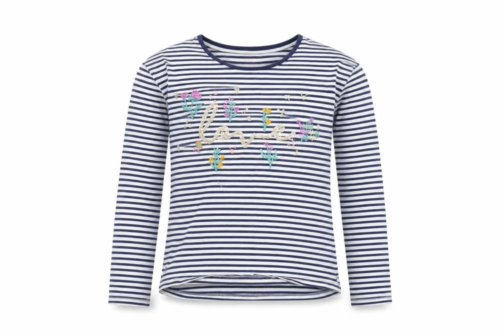 Front view of John Lewis girls’ navy striped long sleeve t-shirt age 12 embroidered floral top